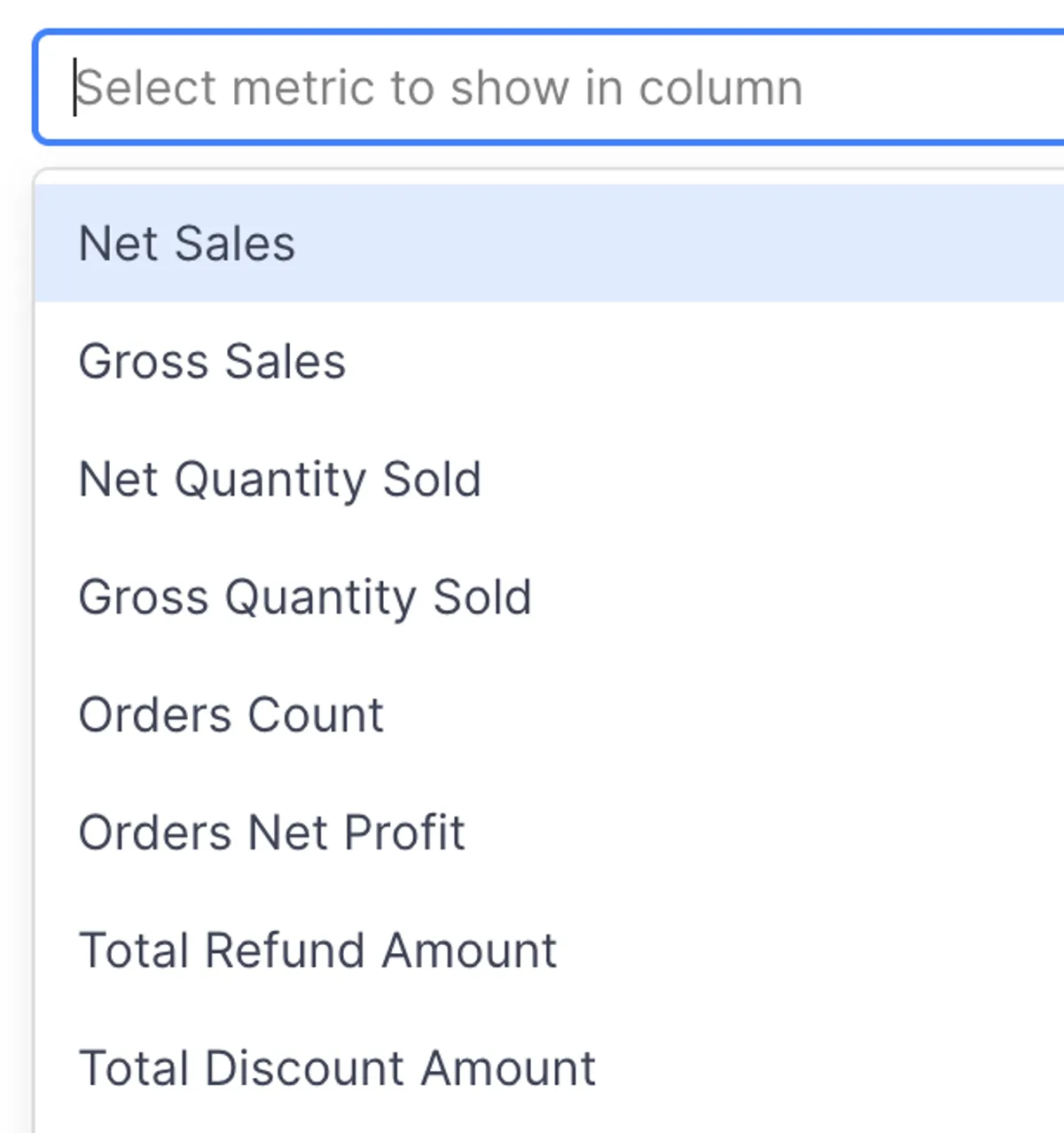 Select the Shopify analytic data you'd like to see