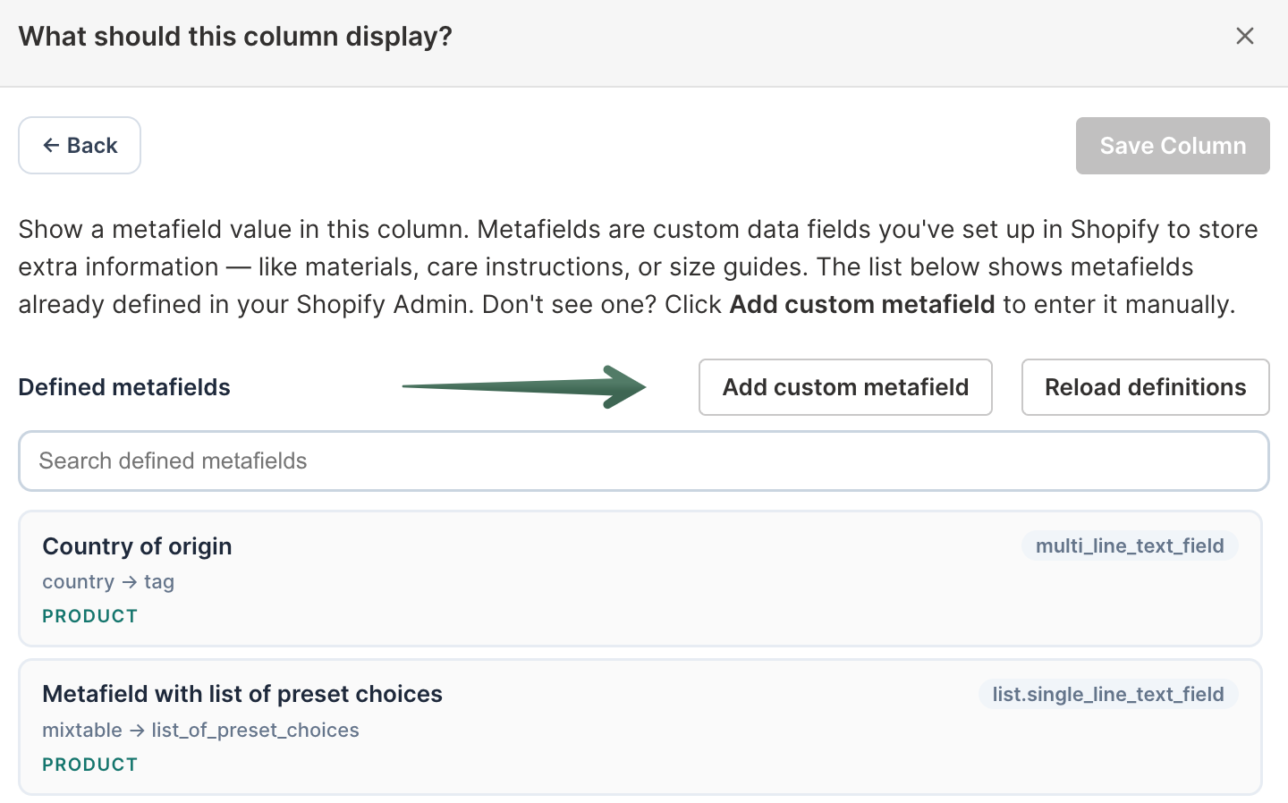 Add custom metafield button