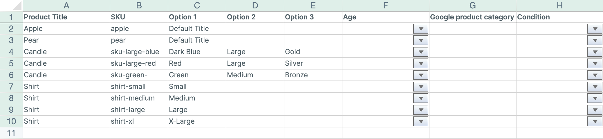 The Google Shopping Variants worksheet in Mixtable, with one row per Shopify variant showing its product title, SKU, options, and Google Shopping fields