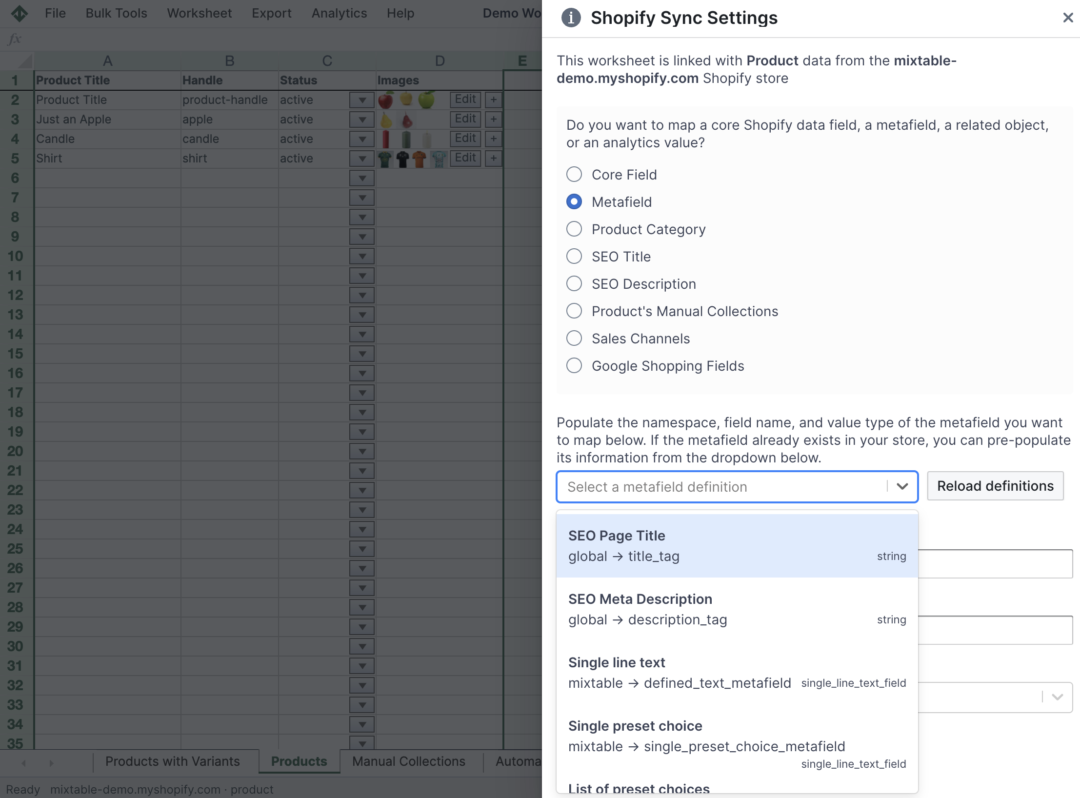 Selecting metafield column option