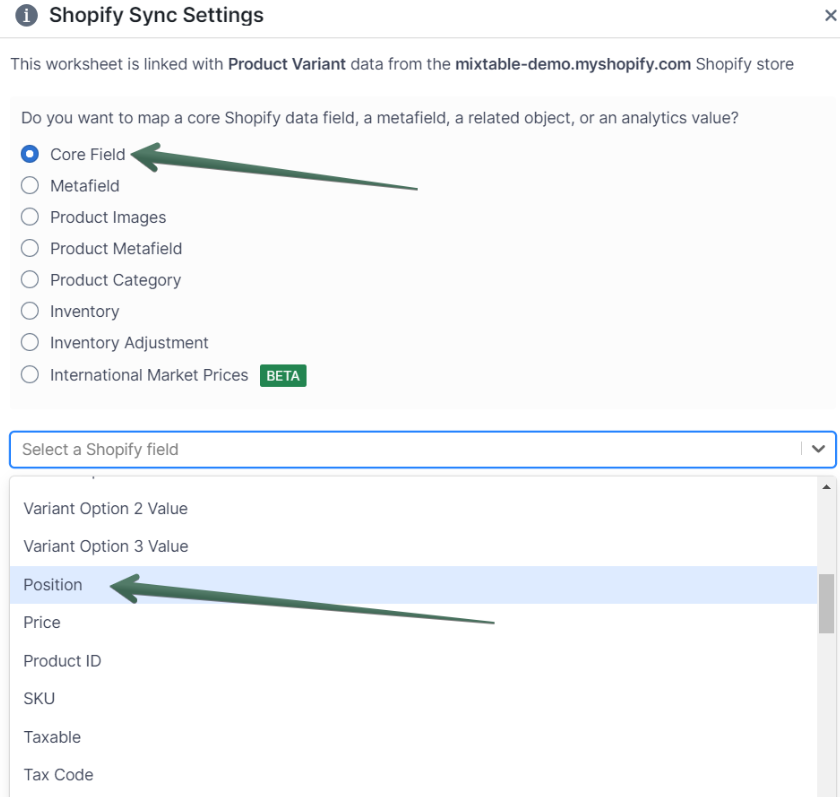 Variant position syncing with Mixtable spreadsheet