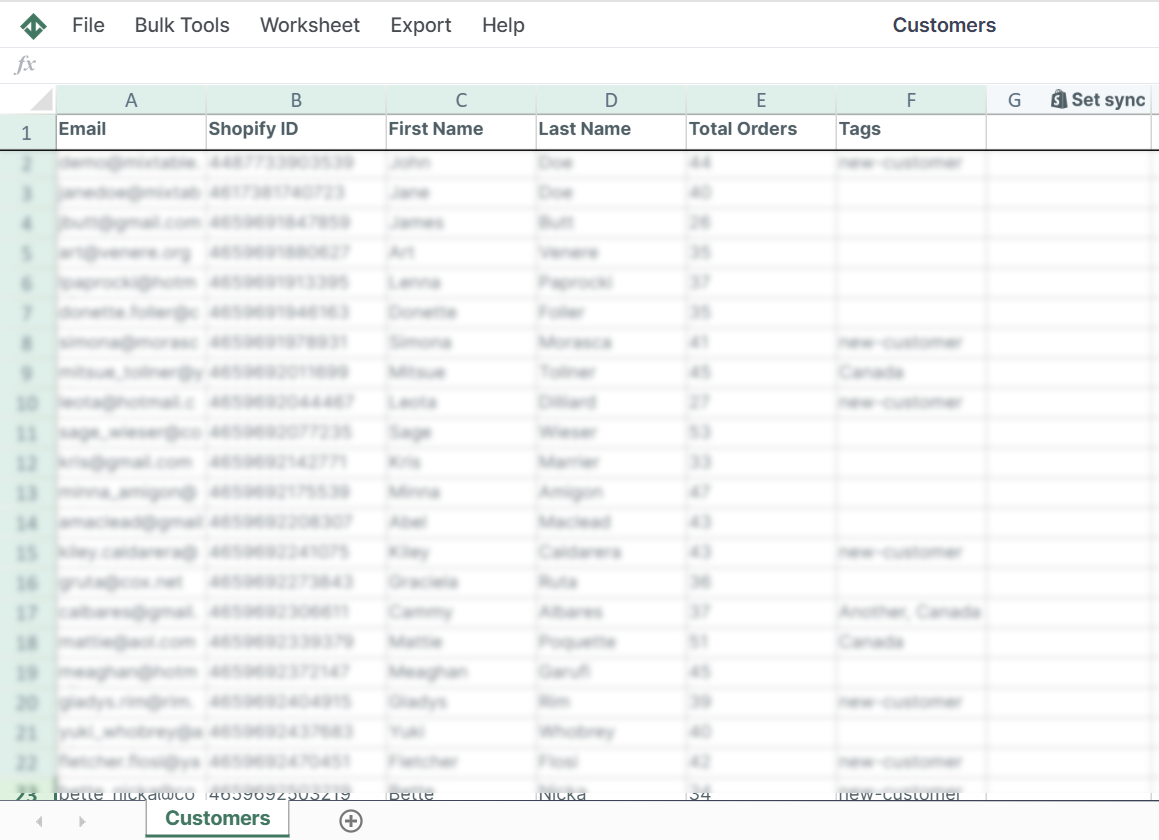 Customers spreadsheet