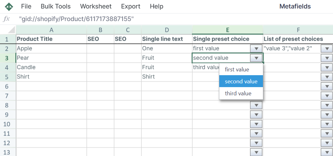 Single Preset Choices column to change metafield settings