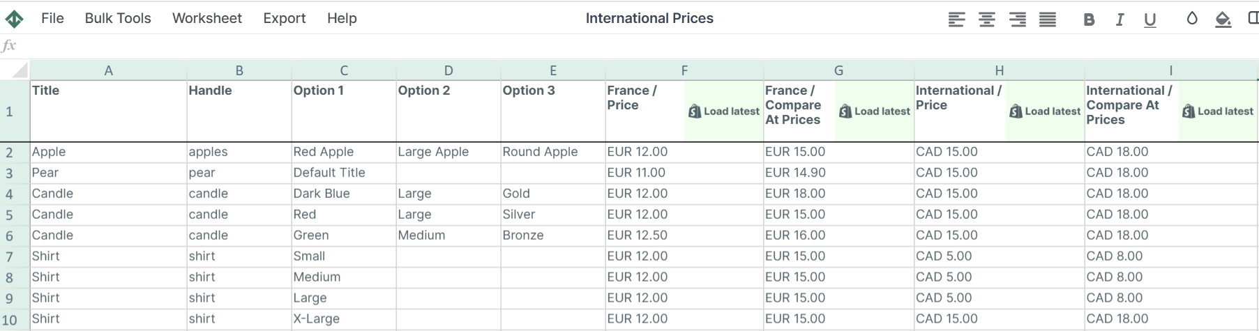 Shopify International Price Template spreadsheet app