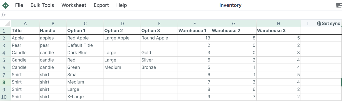 Shopify Inventory Template spreadsheet app