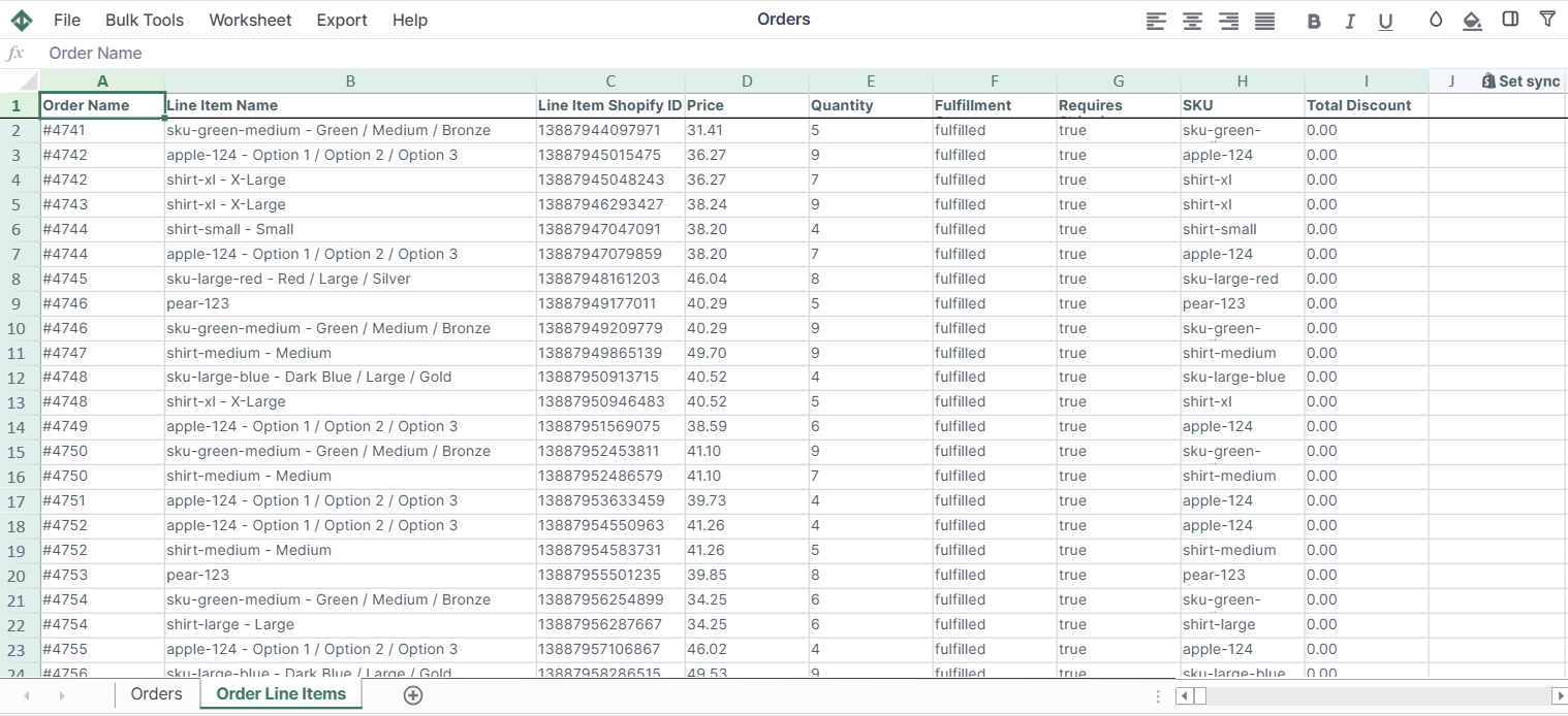 Shopify Order Line Items template spreadsheet app