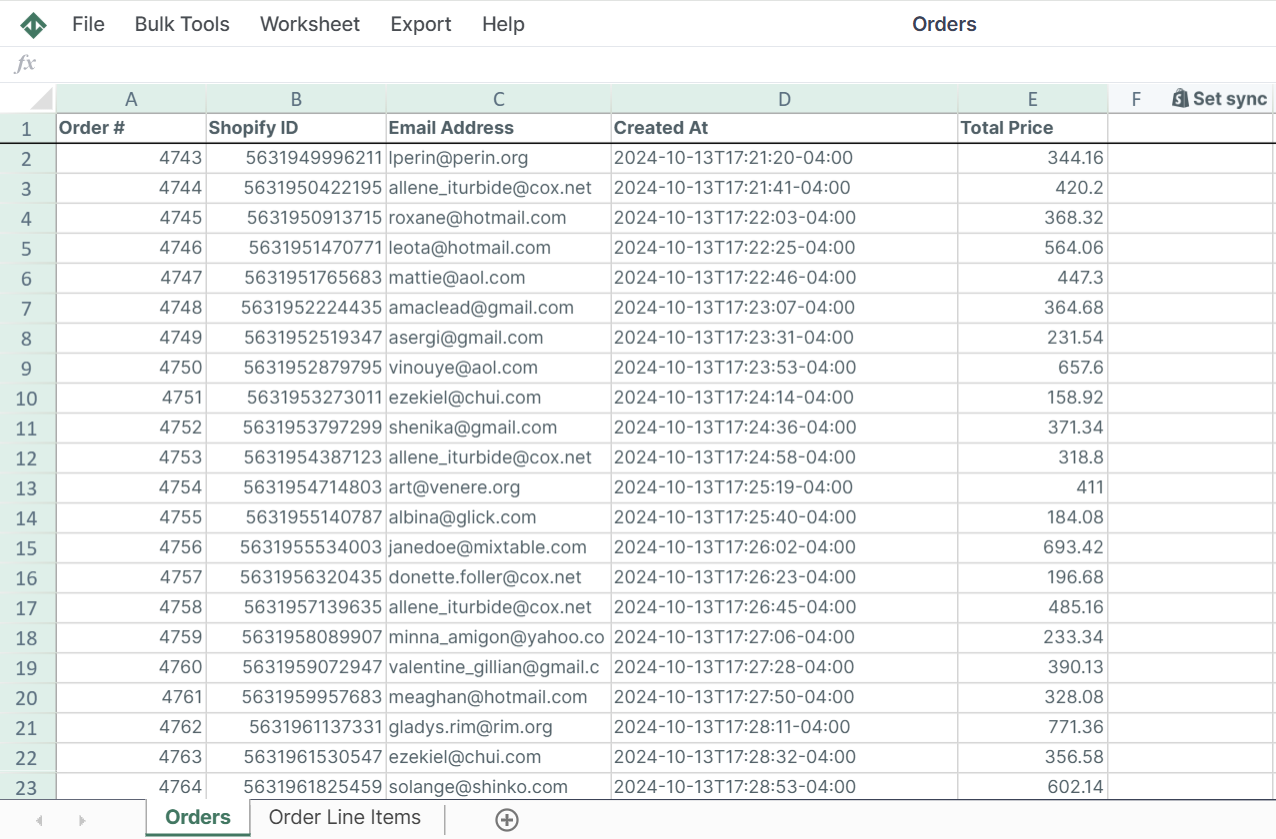 Shopify Orders Template spreadsheet app