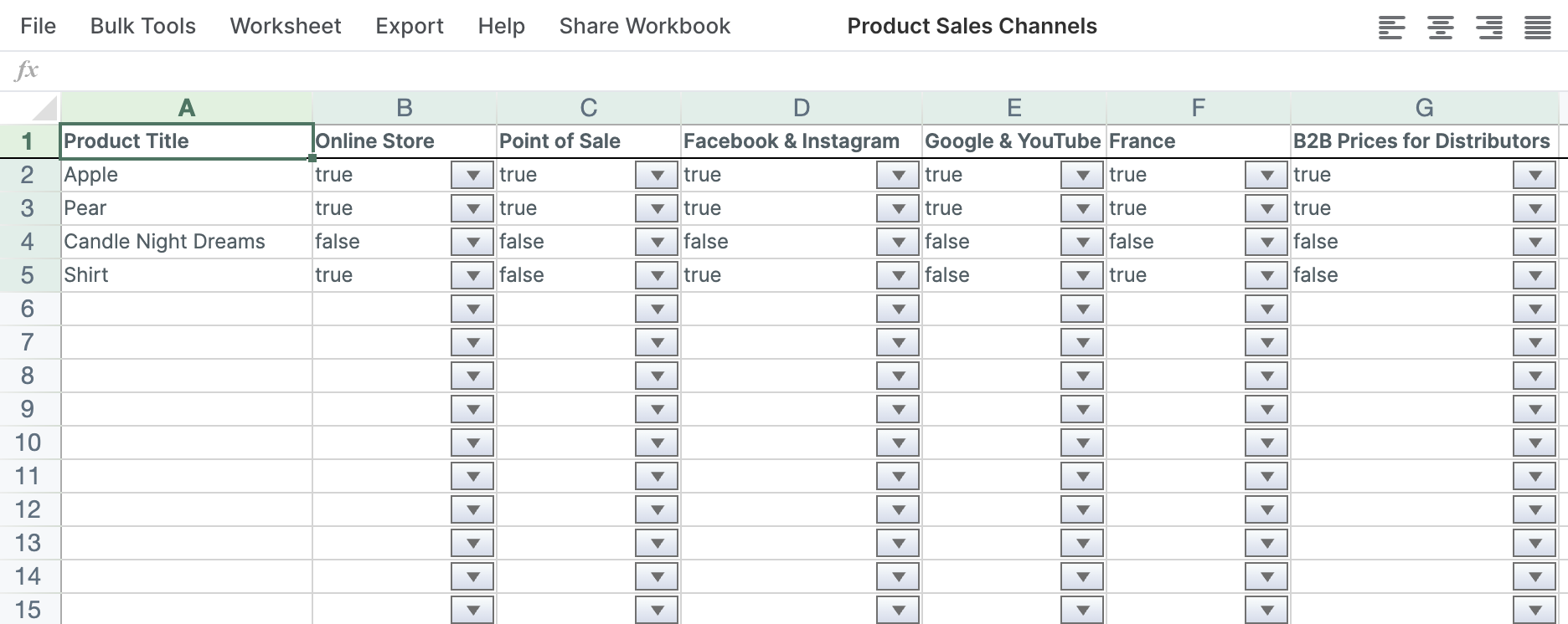Sales channel columns showing true/false publish values for each product