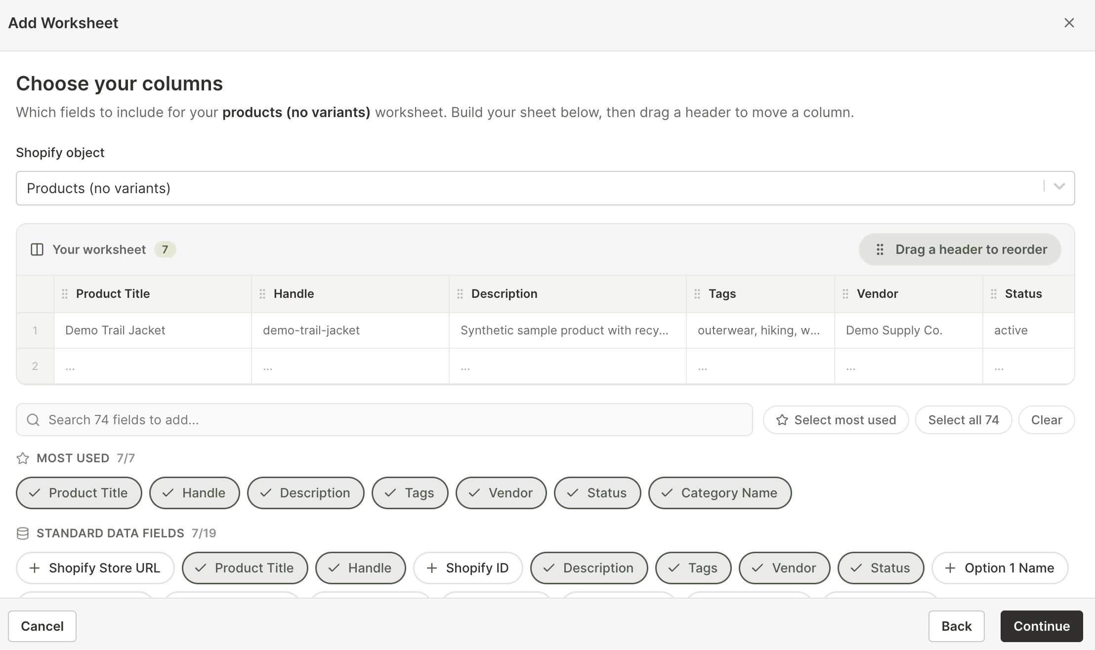 Choose and arrange Shopify columns while adding a worksheet
