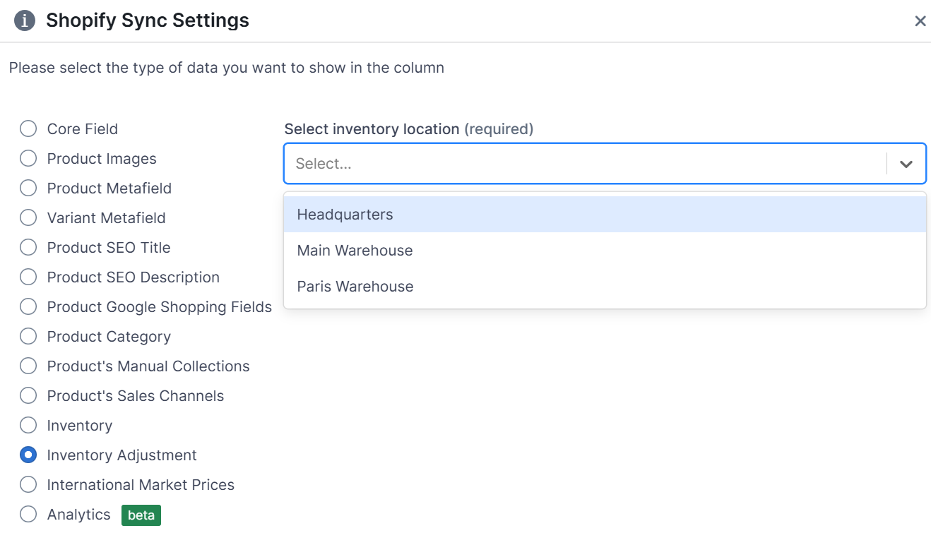 Shopify Inventory Adjustment in spreadsheet