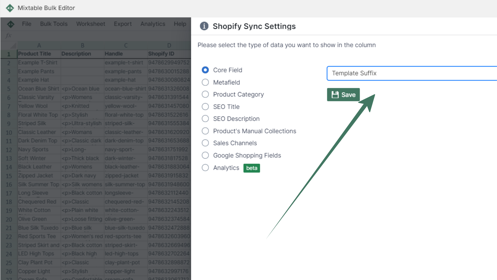 Shopify product template in spreadsheet - template suffix