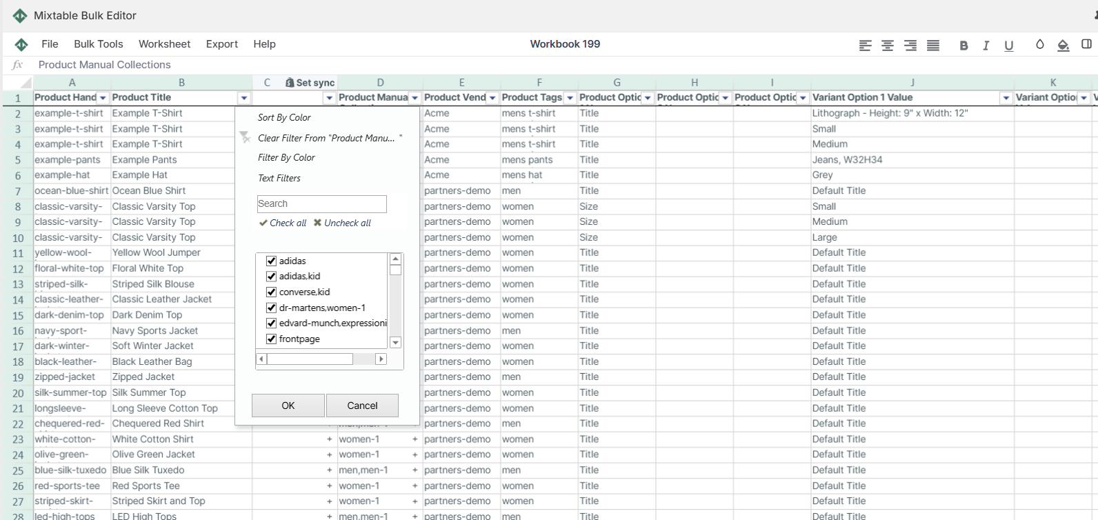 Shopify Spreadsheet Filter Collection